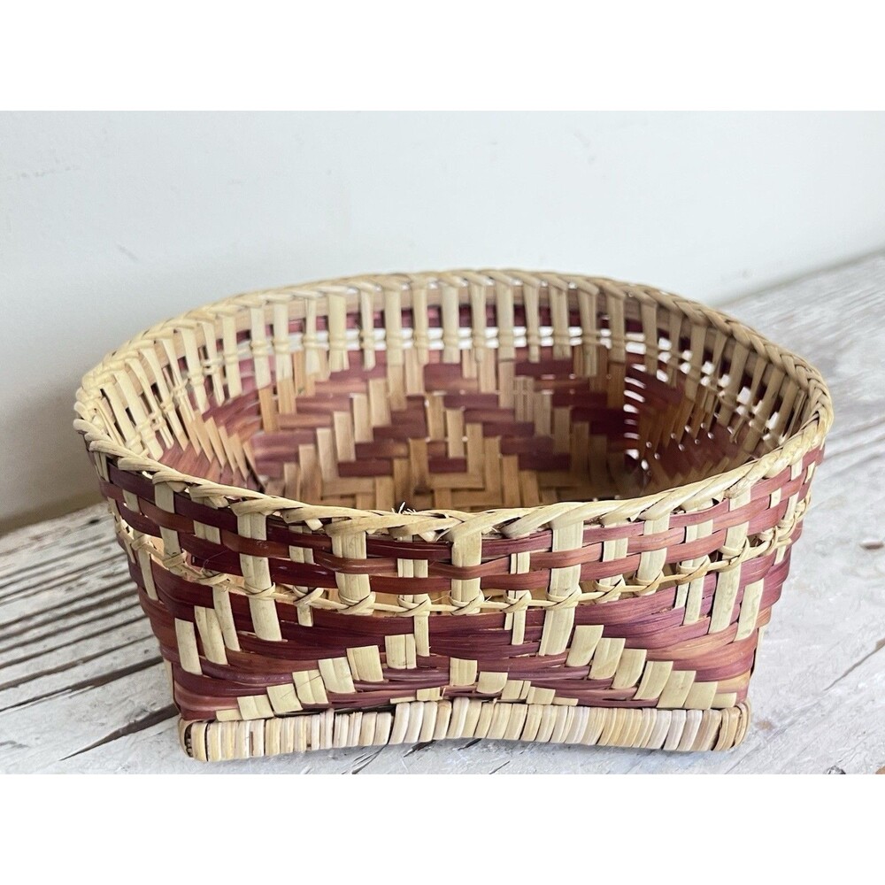 Vintage Hand Woven Native American Rivercane Two Toned Basket 8.5”